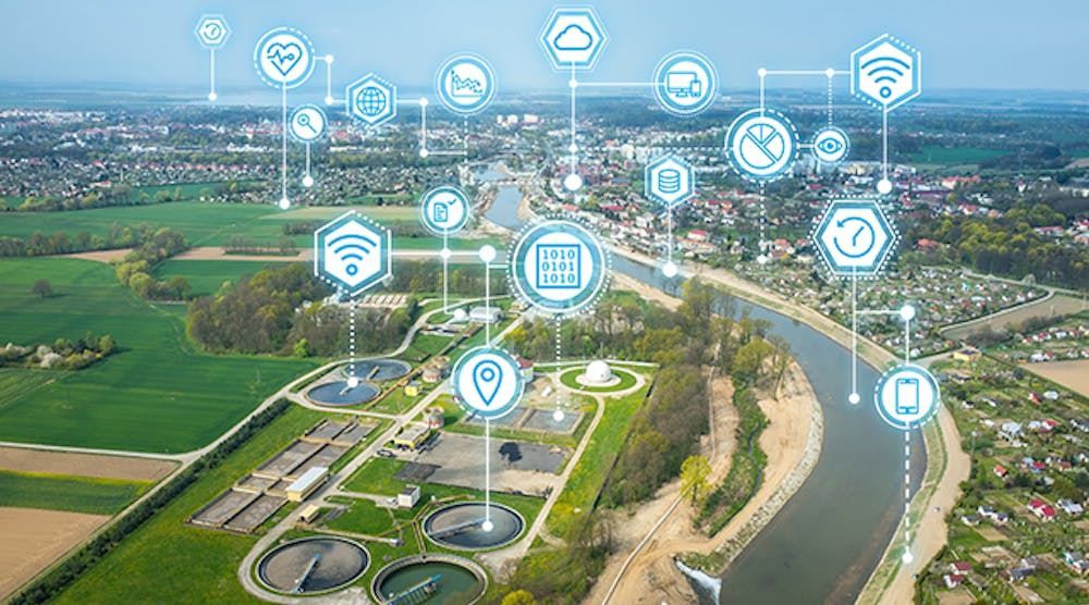 Image of water treatment facility overlaid with Netilion Water Network Insights cloud icons