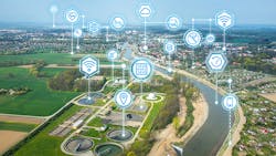 Image of water treatment facility overlaid with Netilion Water Network Insights cloud icons Image of water treatment facility overlaid with Netilion Water Network Insights cloud icons