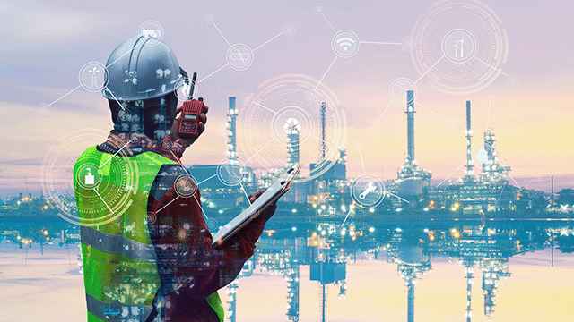 person with a hardhat on walkie talkie with computer generated overlay representing wireless network