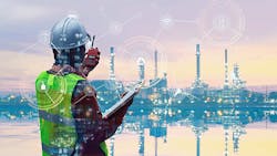 person with a hardhat on walkie talkie with computer generated overlay representing wireless network person with a hardhat on walkie talkie with computer generated overlay representing wireless network