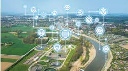 Image of water site with Netilion Water Network Insights cloud icons added Image of water site with Netilion Water Network Insights cloud icons added