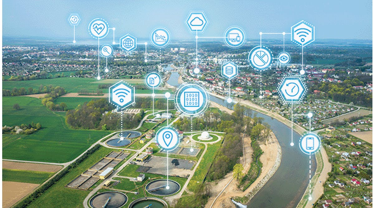 Image of water site with Netilion Water Network Insights cloud icons added