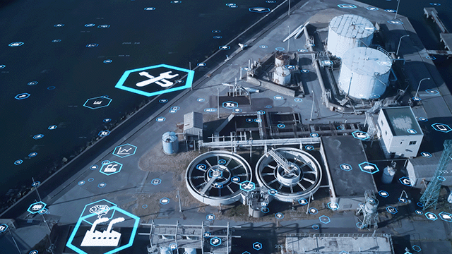 computer generated illustration of big data icons over process facility