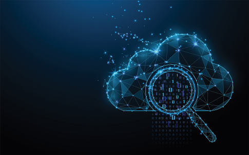 computer generated illustration of data cloud with magnifying glass highlighting data