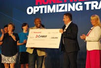 &ldquo;At Honeywell, we often refer to our innovators as futureshapers. And it&rsquo;s inspiring to see what FIRST is doing to shape our future futureshapers.&rdquo; Honeywell PMT&rsquo;s Lucian Boldea (right) presented Chris Moore (left) of FIRST with a $100,000 check to support the organization&rsquo;s STEM development efforts.
