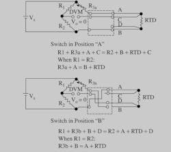 Figure 3: In four-wire RTD installations, the lead wire effects are eliminated and the correct reading becomes RTD = (R3a + R3b)/2