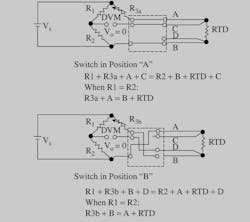 Figure 3: In four-wire RTD installations, the lead wire effects are eliminated and the correct reading becomes RTD = (R3a + R3b)/2 Figure 3: In four-wire RTD installations, the lead wire effects are eliminated and the correct reading becomes RTD = (R3a + R3b)/2