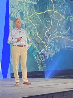 Greg Bentley, CEO of Bentley Inc., delivers his keynote address at the Year in Infrastructure 2023 conference in Singapore. Greg Bentley, CEO of Bentley Inc., delivers his keynote address at the Year in Infrastructure 2023 conference in Singapore.