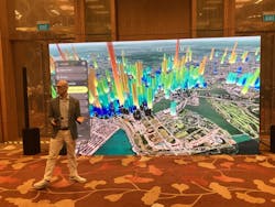 Greg Demchak, senior director of the Innovation Lab (iLab) at Bentley, shows how its software and visualization algorithms integrate multiple public data sources, turn 2D maps into 3D representations, add Google Maps tiles to show energy use, and include sensor data for water pressure to show resources used by many of the buildings in downtown Singapore. Greg Demchak, senior director of the Innovation Lab (iLab) at Bentley, shows how its software and visualization algorithms integrate multiple public data sources, turn 2D maps into 3D representations, add Google Maps tiles to show energy use, and include sensor data for water pressure to show resources used by many of the buildings in downtown Singapore.