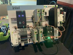 Figure 2: Phoenix Contact and Intel jointly built a proof of concept for a 10BASE-T1S multidrop Ethernet backplane standardized on the Controller Area Network Flexible Data-Rate (CAN FD) data-communication protocol. Their demo includes an Intel computer serving as the O-PAS DCN, Phoenix Contact’s prototype, configurable I/O and connectors, and a T1S backplane running CoDeSys programming environment via OPC UA protocol and two-wire/single-pair Ethernet. Figure 2: Phoenix Contact and Intel jointly built a proof of concept for a 10BASE-T1S multidrop Ethernet backplane standardized on the Controller Area Network Flexible Data-Rate (CAN FD) data-communication protocol. Their demo includes an Intel computer serving as the O-PAS DCN, Phoenix Contact’s prototype, configurable I/O and connectors, and a T1S backplane running CoDeSys programming environment via OPC UA protocol and two-wire/single-pair Ethernet.