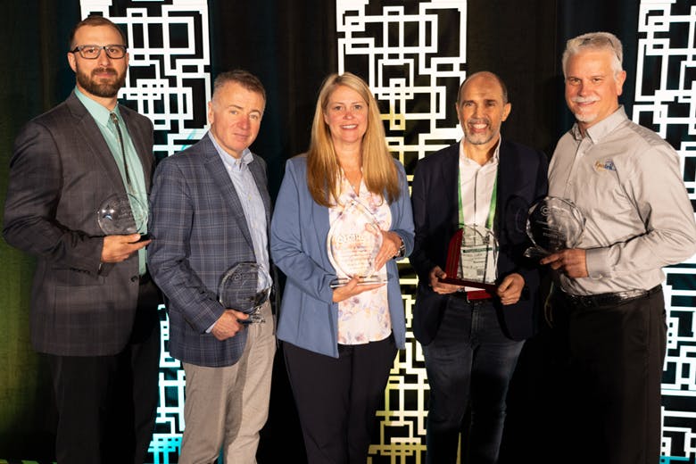 The 2024 CSIA Award winners include (l. to r.) John Sullivan, senior director at DMC Inc., who won the Emerging Leader award; Frank Riordan, president at DMC Inc., which won the Integrator Member of the Year award; Karen Griffin, VP at Hargrove Controls & Automation, who won the Charlie Bergman &ldquo;Remember Me&rdquo; award; Luigi de Bernardini, CEO at Autoware S.r.l., which won the Social Responsibility award; and Jack Barber, senior business consultant at Exotek, which won the Partner Member of the Year award.