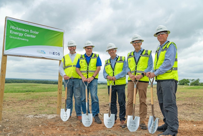 Breaking ground at the INEOS Hickerson Solar project in Bosque County, Texas, are (l. to r.) Josh Cottle, sales and marketing VP at WL Plastics; Mike Nagle, CEO at Ineos O&P USA; Bill Sloane, BMC plant manager, at Ineos O&P USA; John Caffey, circular economy business development manager at Ineos O&P USA; and Gary Wallace, VP of supply at Ineos O&P USA.
