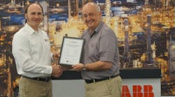 Sean Vincent, technology program director at FieldComm Group (left), and Peter Bradley, measurement and analytics global marketing and sales manager at ABB USA, celebrate the certification of ABB’s VortexMaster FSV400 and SwirlMaster FSS400 flowmeters as complying with Ethernet-APL’s requirements for Ethernet and TCP/IP connectivity in hazardous environments. Sean Vincent, technology program director at FieldComm Group (left), and Peter Bradley, measurement and analytics global marketing and sales manager at ABB USA, celebrate the certification of ABB’s VortexMaster FSV400 and SwirlMaster FSS400 flowmeters as complying with Ethernet-APL’s requirements for Ethernet and TCP/IP connectivity in hazardous environments.