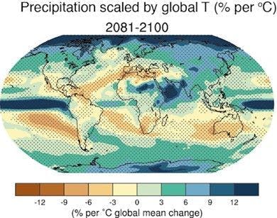 Figure 2: Color-coded zones show percent changes in precipitation expected due to a 1 &deg;C global temperature increase. Zones with projected 6 - 12% increases in precipitation are increasingly dark blue, and zones with projected 3 - 12% decreases in precipitation are yellow to brown.