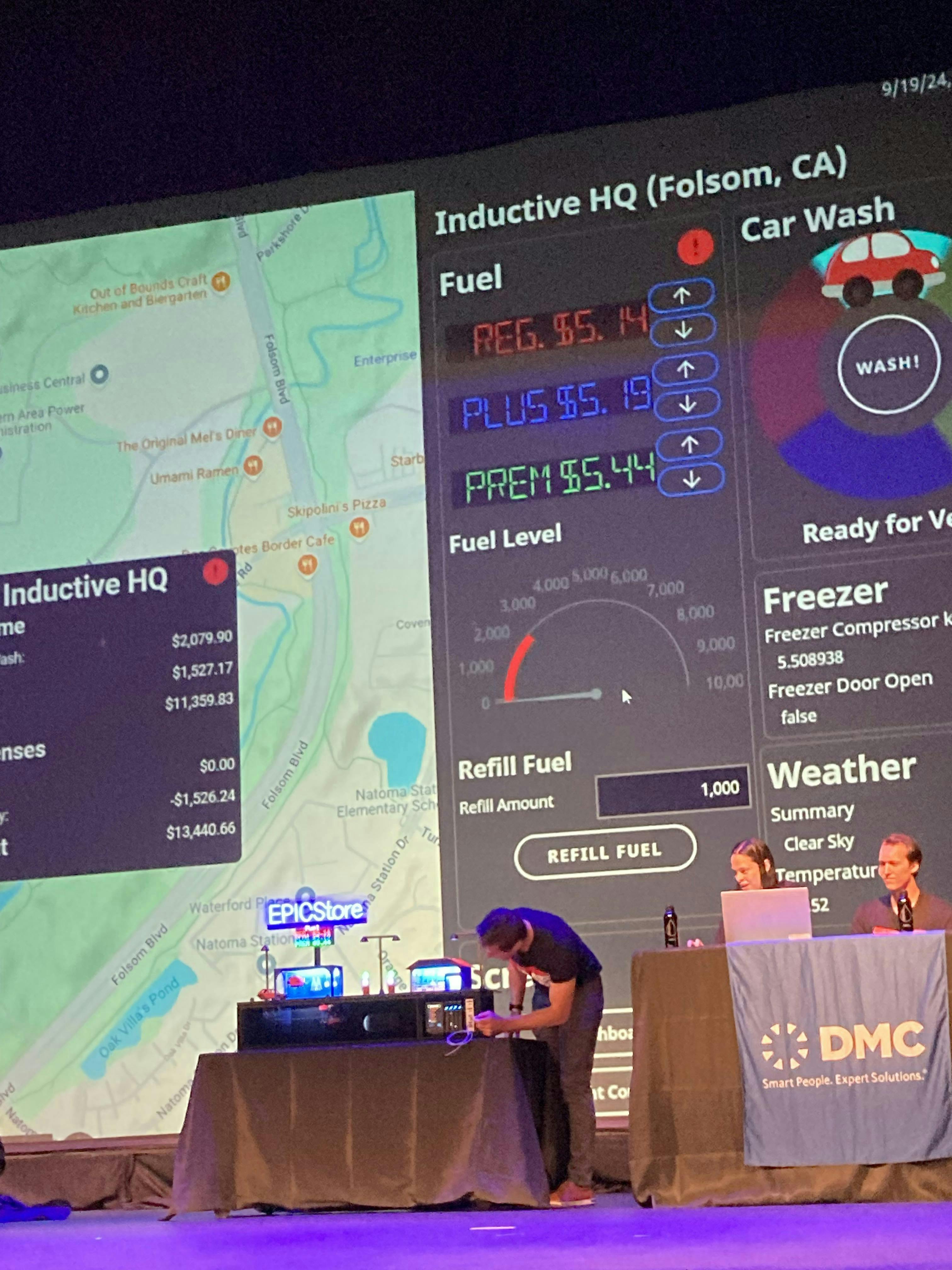 The Build-a-Thon team from system integrator DMC, (l. to r.) Nicoli Liedtke, Sheila Kennedy-Moore, and Brandon Tanner, demonstrates the dashboards for managing their convenience store model using Inductive Automation’s Ignition Perspectives software and Opto 22’s groov EPIC controller on Sept. 19 during the Inductive Community Conference (ICC) 2024 in Folsom, Calif.