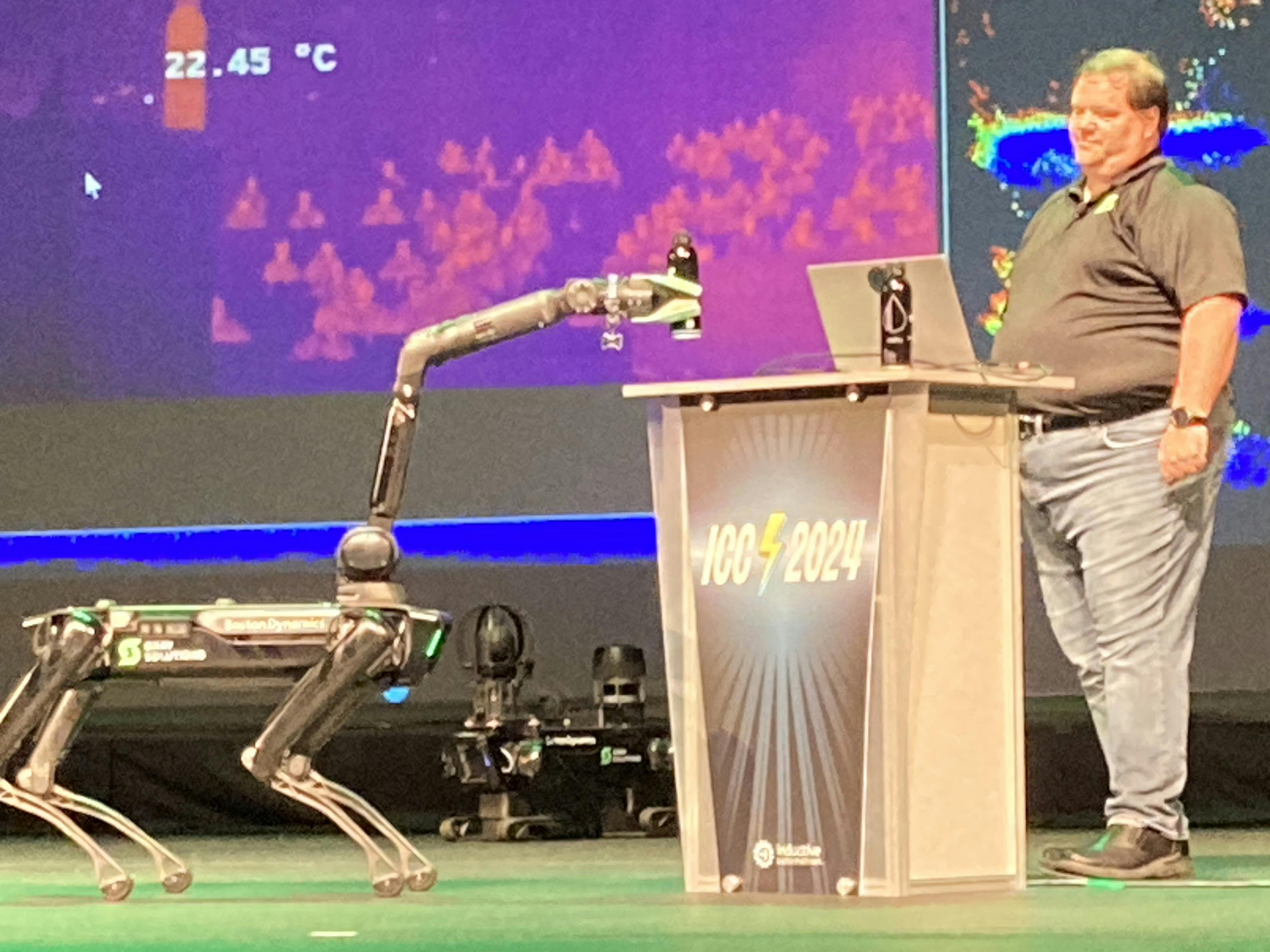 Donald Bailey, senior engineer for digital transformation at system integrator Gray Solutions, shows how a Boston Dynamics robot uses its software development kit in conjunction with Inductive Automation&rsquo;s Ignition Perspective to acquire a Lidar map of its onstage location, which lets it identify and pick up a 22 &deg;F bottle. Source: Jim Montague