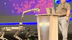 Donald Bailey, senior engineer for digital transformation at system integrator Gray Solutions, shows how a Boston Dynamics robot uses its software development kit in conjunction with Inductive Automation’s Ignition Perspective to acquire a Lidar map of its onstage location, which lets it identify and pick up a 22 °F bottle. Source: Jim Montague Donald Bailey, senior engineer for digital transformation at system integrator Gray Solutions, shows how a Boston Dynamics robot uses its software development kit in conjunction with Inductive Automation’s Ignition Perspective to acquire a Lidar map of its onstage location, which lets it identify and pick up a 22 °F bottle. Source: Jim Montague