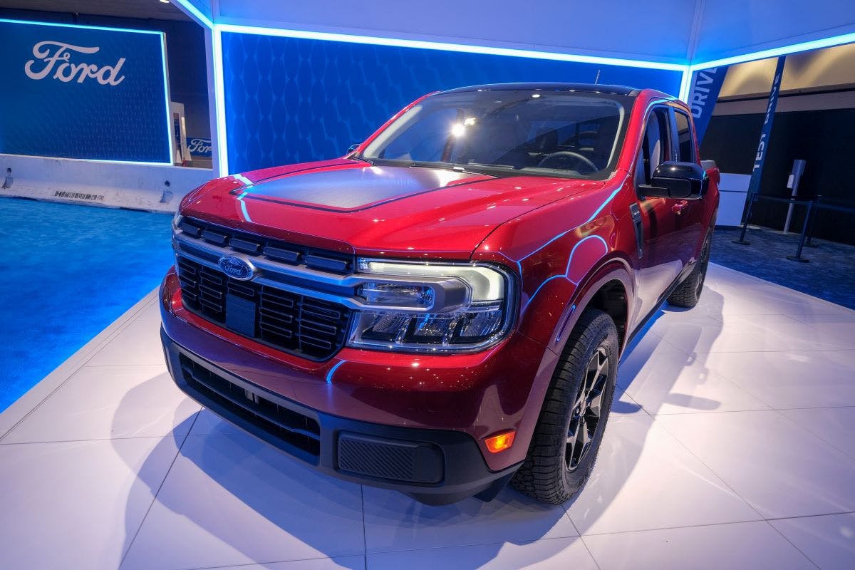 A new 2022 Ford Maverick vehicle is displayed at the 2021 LA Auto Show media day in Los Angeles, November, 18, 2021