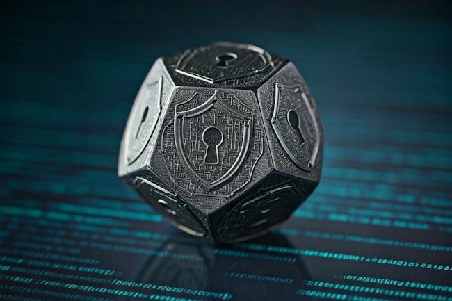 A 5-sided metal die with a shield and keyhole security symbol on each face of the die