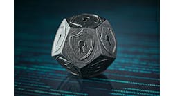 A 5-sided metal die with a shield and keyhole security symbol on each face of the die A 5-sided metal die with a shield and keyhole security symbol on each face of the die