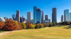Panoramic view of Houston downtown skyline at sunny autumn day in Houston, Texas Panoramic view of Houston downtown skyline at sunny autumn day in Houston, Texas