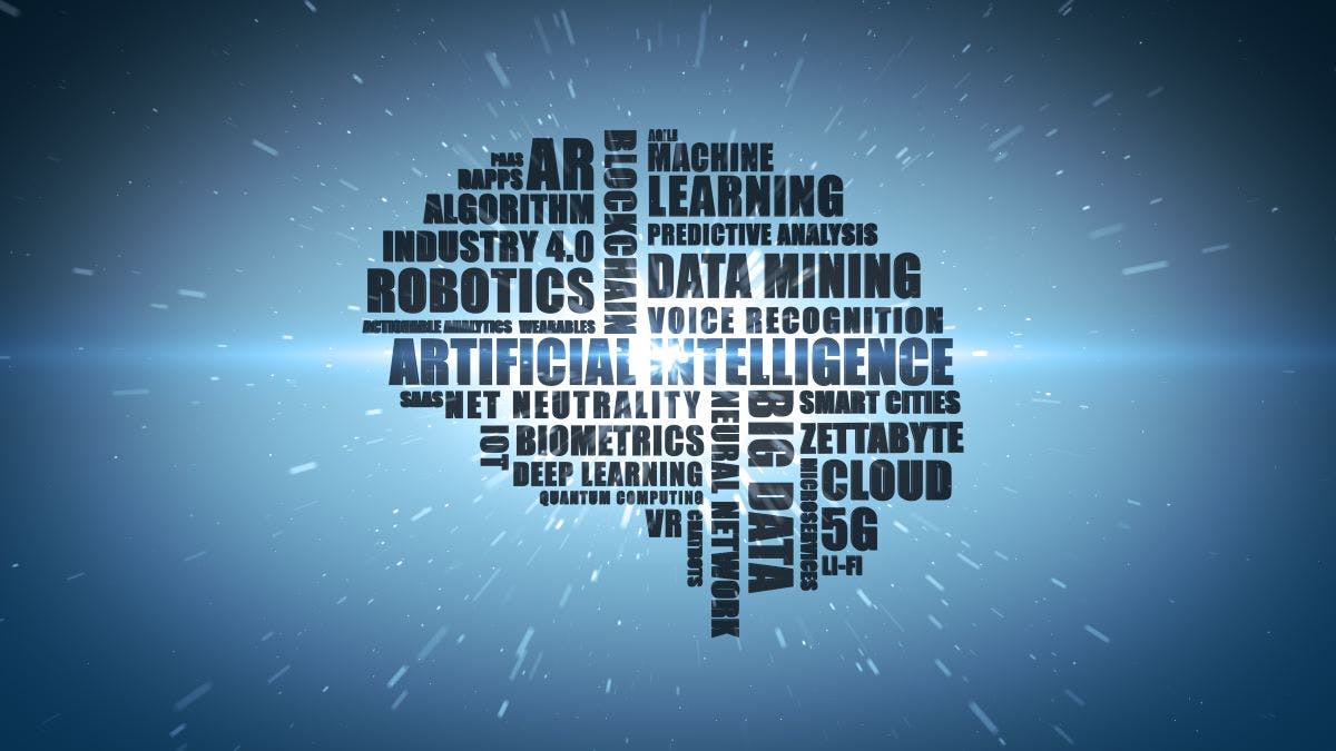 Wordcloud featuring buzzwords associated with computing and technology concepts