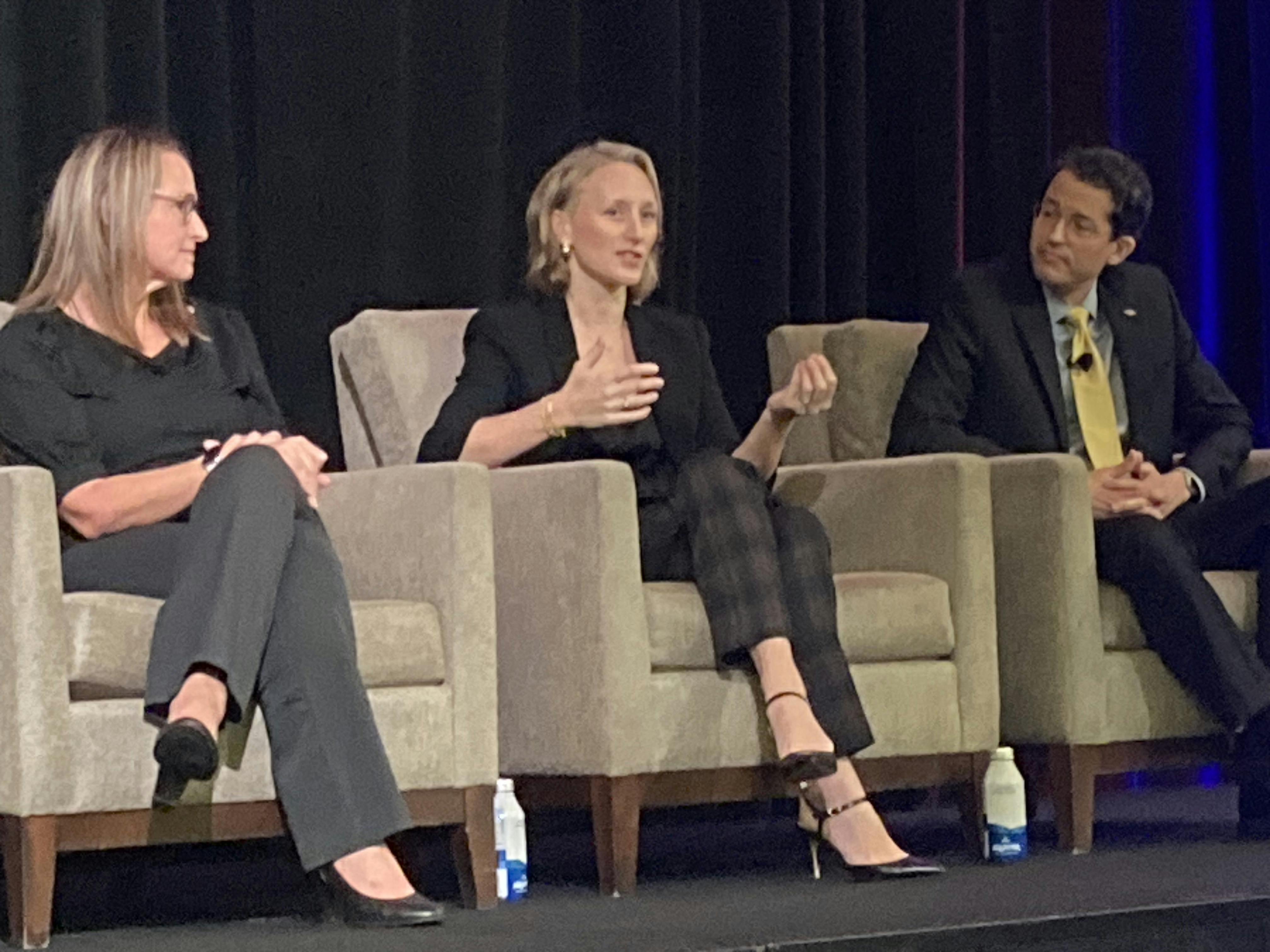 Among the speakers presenting their experiences with artificial intelligence (AI), digitalization, sustainability and cybersecurity at ARC Industry and Leadership Forum 2025 were panelists (l. to r.) Eryn Devola, sustainability head at Siemens Digital Industries, Lizabeth Stuck, VP of government affairs and MxD learning at Manufacturing and Digital (MxD) Institute, and Billy Bardin, global climate transition director at Dow.