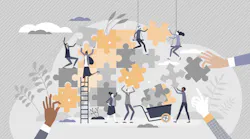 Teamwork puzzle as effective team collaboration process tiny person concept