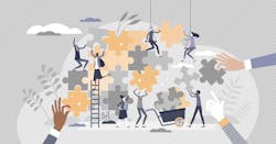 Teamwork puzzle as effective team collaboration process tiny person concept Teamwork puzzle as effective team collaboration process tiny person concept