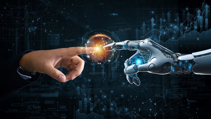 Hands of robot and human touching on big data connection on stock graph background