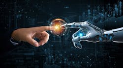 Hands of robot and human touching on big data connection on stock graph background Hands of robot and human touching on big data connection on stock graph background