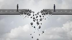 two businessmen on a road bridge that is breaking down and disconnecting