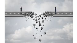 two businessmen on a road bridge that is breaking down and disconnecting two businessmen on a road bridge that is breaking down and disconnecting