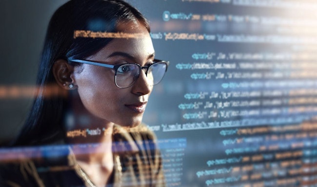 Software, data hologram and woman with code analytics, information technology and gdpr overlay