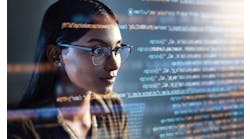 Software, data hologram and woman with code analytics, information technology and gdpr overlay Software, data hologram and woman with code analytics, information technology and gdpr overlay