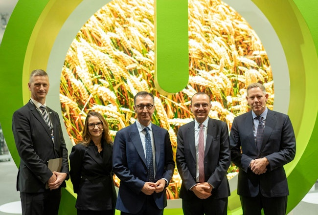 Cem Özdemir, Germany's federal minister of food, agriculture, education and research, opened Schneider Electric’s Mar. 31 press conference at Hannover Messe, with Schneider Electric's Olivier Blum, CEO, Barbara Frei, EVP of industrial automation, Caspar Herzberg, CEOP of Aveva, and Neil Elliott Smith, CPG president.
