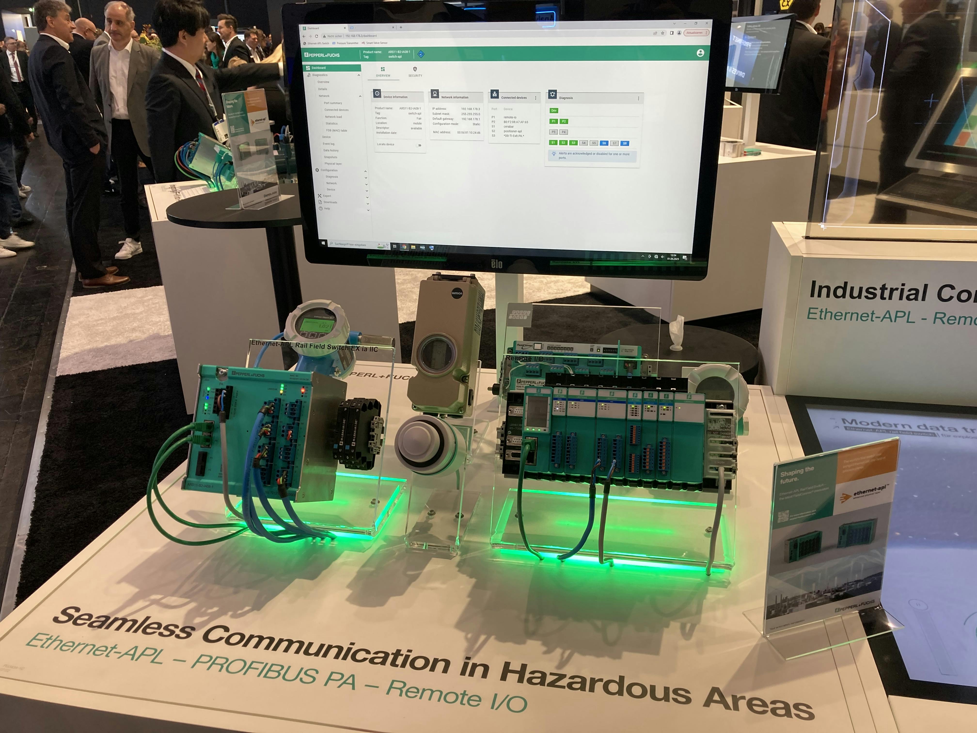 Figure 1: In a recent demonstration at Hannover Fair 2025 in Germany, Pepperl+Fuchs showed how its FieldConnex Ethernet-APL Ex ia intrinsically safe (IS) rail field switch with eight, 16 or 24 APL ports and its web-based interface work with Endress+Hauser&rsquo;s Cerabar PMC 71B transmitter and Samson&rsquo;s Trovis 3797 valve positioner, which both have the interface built in to communicate via Ethernet-APL with the communication protocol of any switch or controller that supports it.
