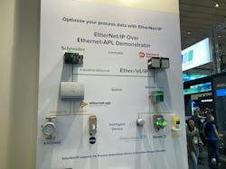 Figure 1: ODVA’s exhibit at Hannover Fair 2025 included a demonstration of five present or prototype Ethernet-APL devices, including Vegapuls 80 GHz radar level transmitter from VEGA, and StoneL Axiom position indicator from Valmet. They were joined or accompanied by two APL field switches from Phoenix Contact and Pepperl+Fuchs, and two PACs from Rockwell Automation and Schneider Electric. Figure 1: ODVA’s exhibit at Hannover Fair 2025 included a demonstration of five present or prototype Ethernet-APL devices, including Vegapuls 80 GHz radar level transmitter from VEGA, and StoneL Axiom position indicator from Valmet. They were joined or accompanied by two APL field switches from Phoenix Contact and Pepperl+Fuchs, and two PACs from Rockwell Automation and Schneider Electric.