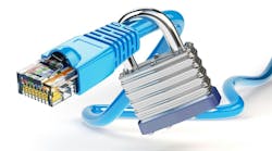 Network ethernet cable locked with padlock isolated on white background. Network ethernet cable locked with padlock isolated on white background.