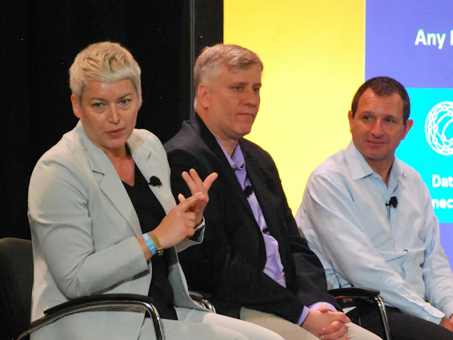 Project Beyond enterprise operations platform and Inmation industrial data fabric were explained at Emerson Exchange in San Antonio this week by (l. to r.) Dr. Nina Schwalb, VP and head of Inmation industrial data fabric at Emerson&rsquo;s Aspen Technology business; Dave Denison, technology VP at Emerson&rsquo;s process systems and solutions business; and Claudio Fayad, CTO of Emerson&rsquo;s Aspen Technology business.
