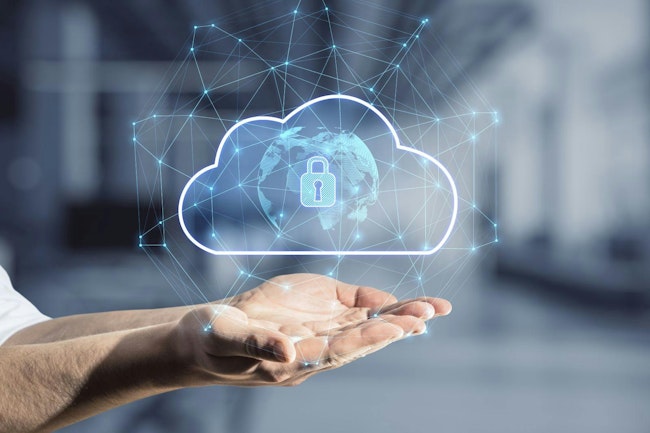 Close up of business man hand holding abstract glowing cloud hologram with globe and safety icons, polygonal mesh on blurry interior background
