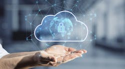 Close up of business man hand holding abstract glowing cloud hologram with globe and safety icons, polygonal mesh on blurry interior background Close up of business man hand holding abstract glowing cloud hologram with globe and safety icons, polygonal mesh on blurry interior background