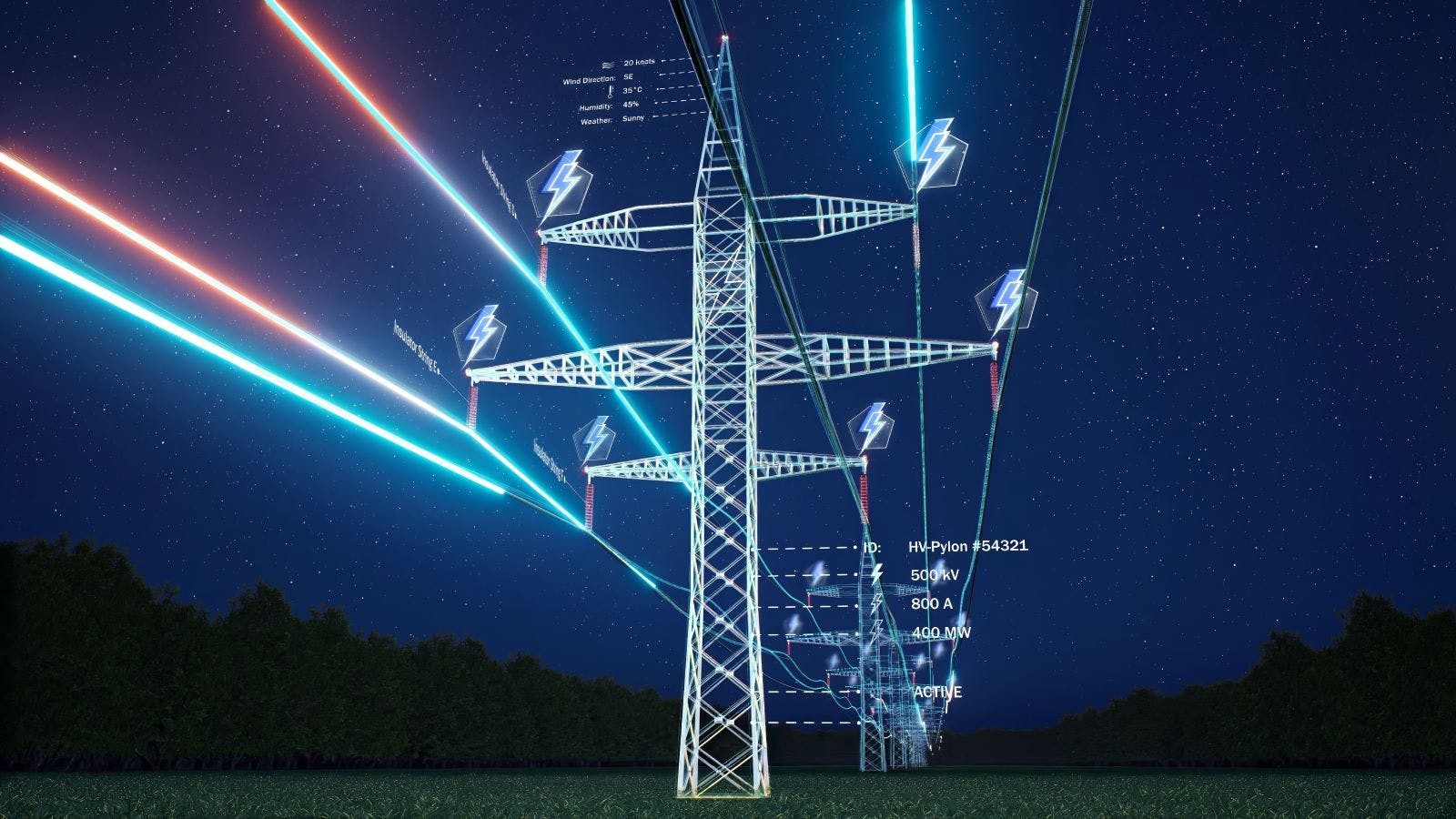 Industrial metal power tower with high voltage current flowing through wires over sky horizon, AR data. Infrastructure enabling distribution of electricity, 3d render animation timelapse
