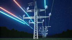 Industrial metal power tower with high voltage current flowing through wires over sky horizon, AR data. Infrastructure enabling distribution of electricity, 3d render animation timelapse