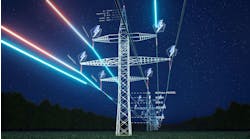 Industrial metal power tower with high voltage current flowing through wires over sky horizon, AR data. Infrastructure enabling distribution of electricity, 3d render animation timelapse Industrial metal power tower with high voltage current flowing through wires over sky horizon, AR data. Infrastructure enabling distribution of electricity, 3d render animation timelapse