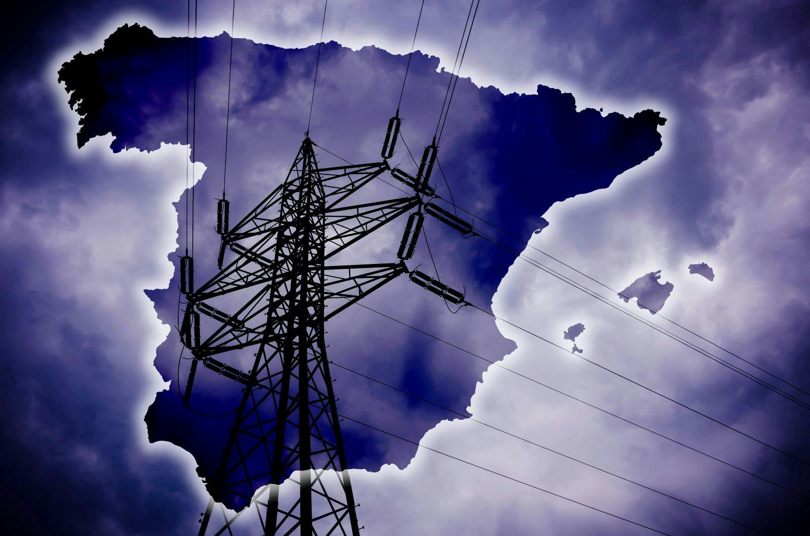 Spanish map, dramatic stormy clouds with electrical wiring, blackout in Spain