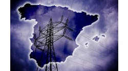 Spanish map, dramatic stormy clouds with electrical wiring, blackout in Spain Spanish map, dramatic stormy clouds with electrical wiring, blackout in Spain