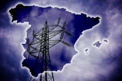Spanish map, dramatic stormy clouds with electrical wiring, blackout in Spain Spanish map, dramatic stormy clouds with electrical wiring, blackout in Spain