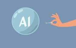 Hand Bursting AI Tech Bubble Vector Concept Illustration. Prediction of end tech hype of a controversial over promise Hand Bursting AI Tech Bubble Vector Concept Illustration. Prediction of end tech hype of a controversial over promise