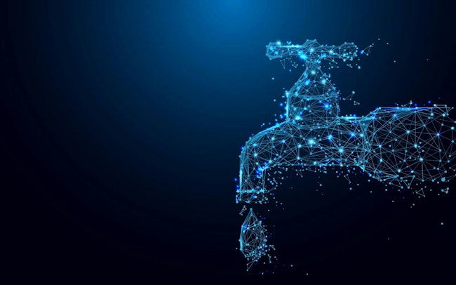 Dripping tap with drop form lines and triangles, point connecting network on blue background. Illustration vector